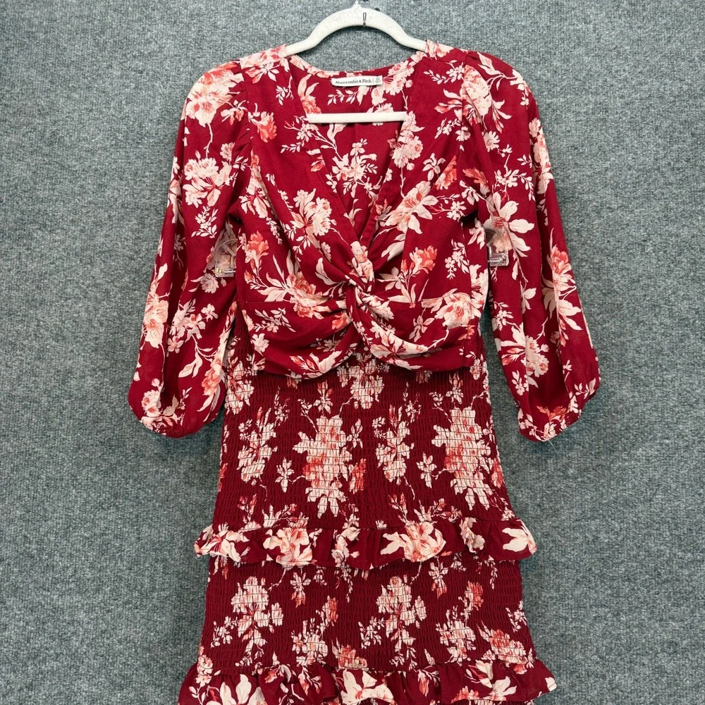 Abercrombie &‎ Fitch 2 Piece Set Women XSP Red Floral Midi Skirt Crop Top Boho